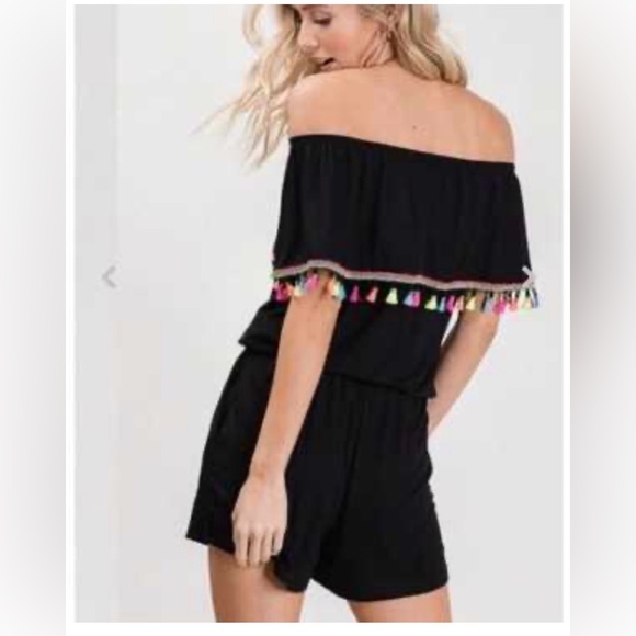 7th RAY Black multi Tassel Romper off shoulder SZ XL w/pockets vacay resort NWT - Picture 4 of 13